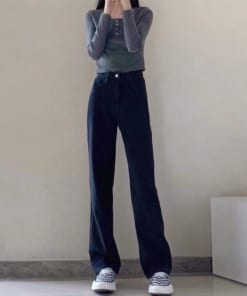 Quần jeans nữ kaki ống rộng xuông loe đứng, Quần bò cạp cao hottrend