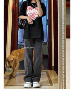 Quần jean nữ ống rộng đen xám phong cách Ulzzang School